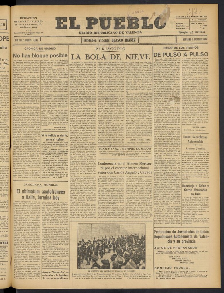 Miniatura de El Pueblo : Diario republicano de Valencia del 11 de diciembre de 1935, nº 14.830