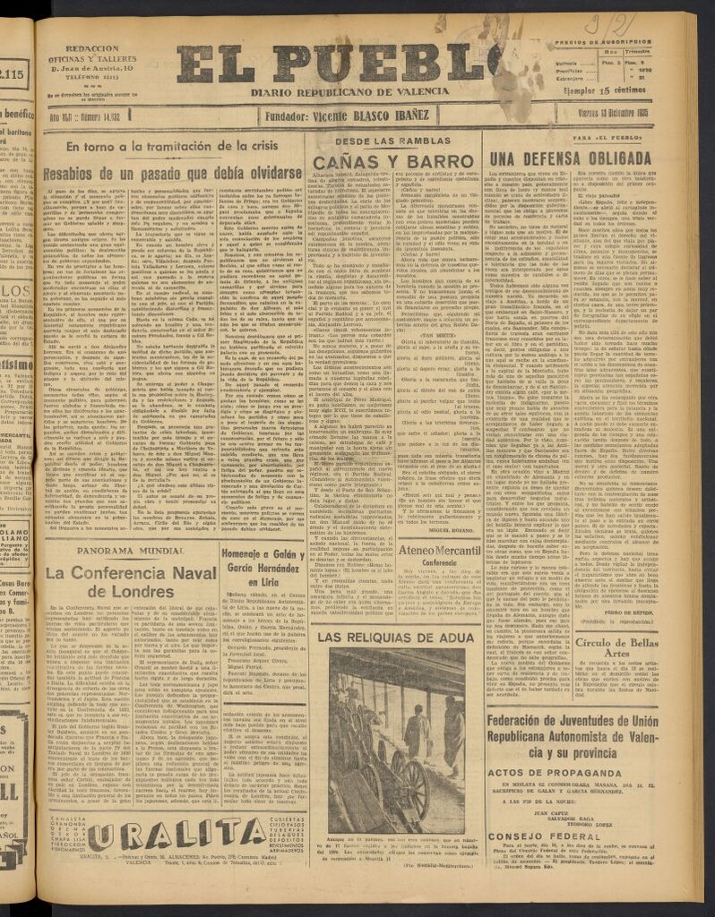 Miniatura de El Pueblo : Diario republicano de Valencia del 13 de diciembre de 1935, nº 14.832