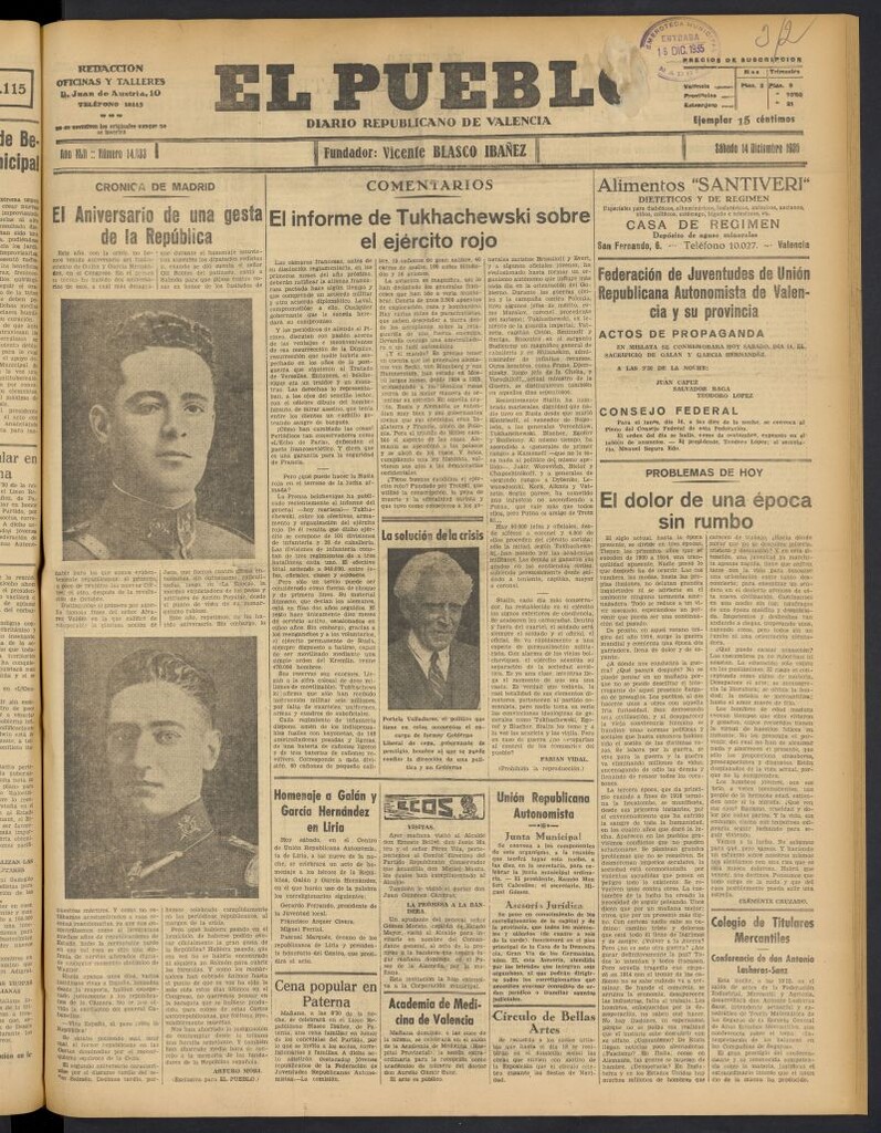 Miniatura de El Pueblo : Diario republicano de Valencia del 14 de diciembre de 1935, nº 14.833