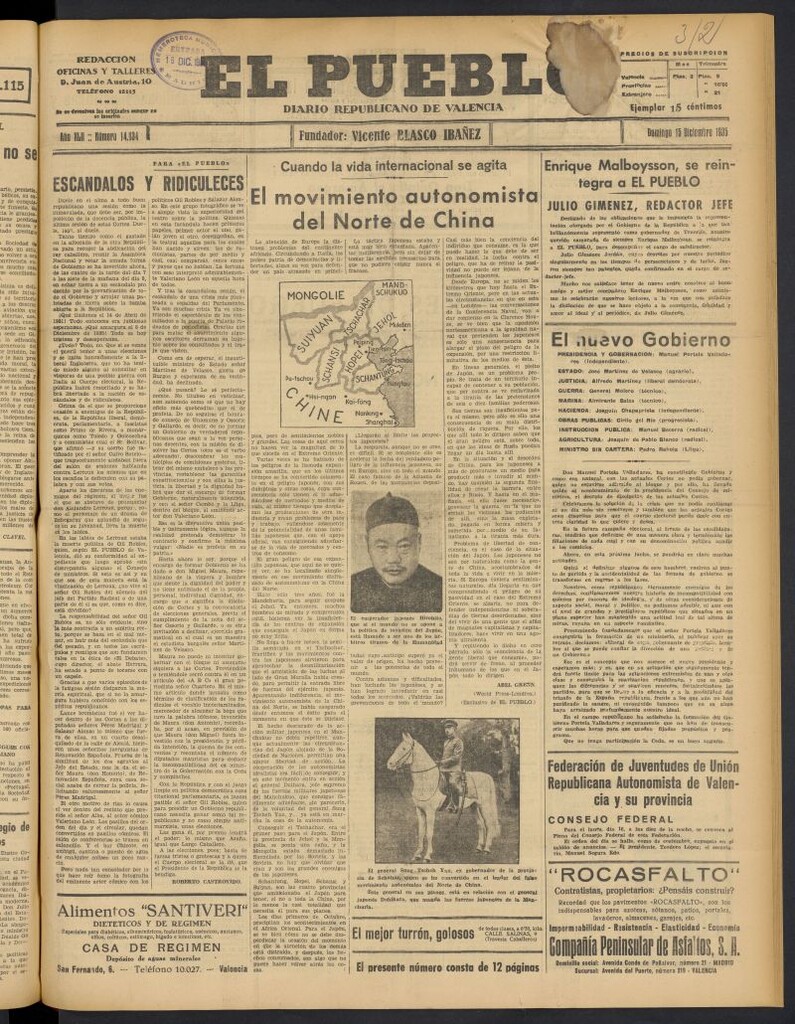 Miniatura de El Pueblo : Diario republicano de Valencia del 15 de diciembre de 1935, nº 14.834
