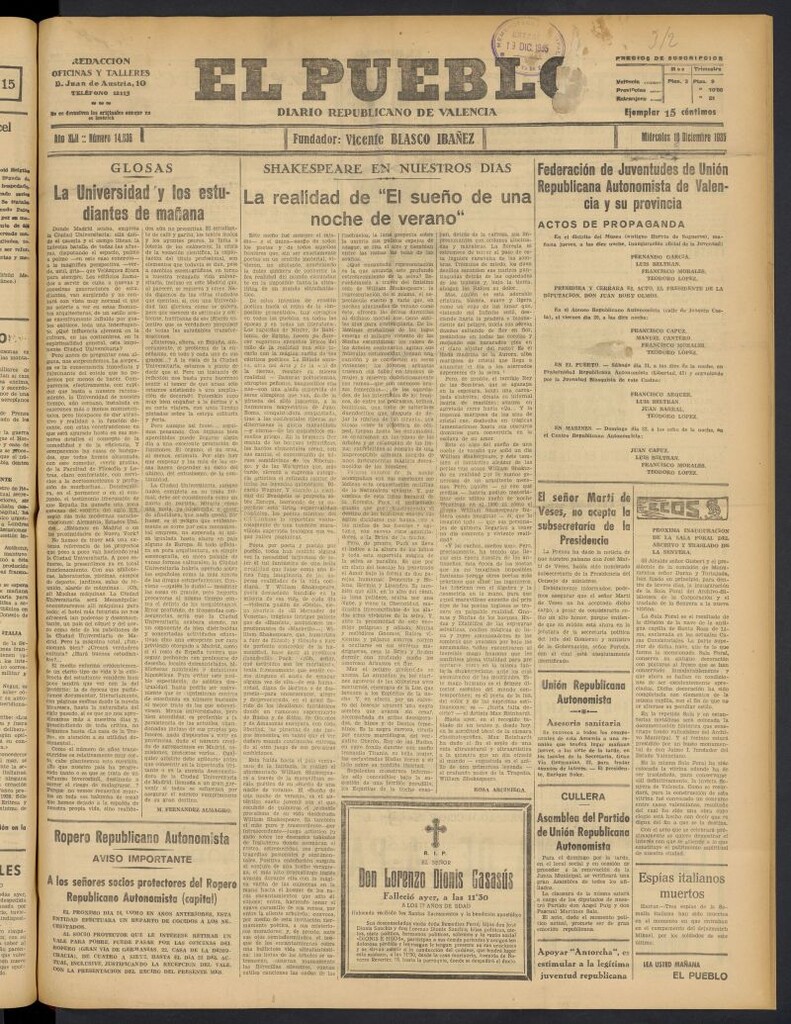 Miniatura de El Pueblo : Diario republicano de Valencia del 18 de diciembre de 1935, nº 14.836