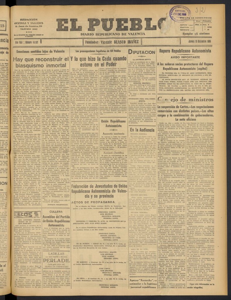 Miniatura de El Pueblo : Diario republicano de Valencia del 19 de diciembre de 1935, nº 14.837