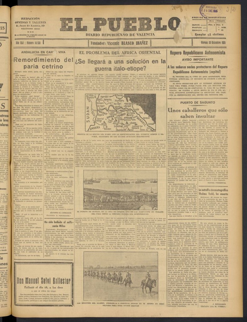 Miniatura de El Pueblo : Diario republicano de Valencia del 20 de diciembre de 1935, nº 14.838