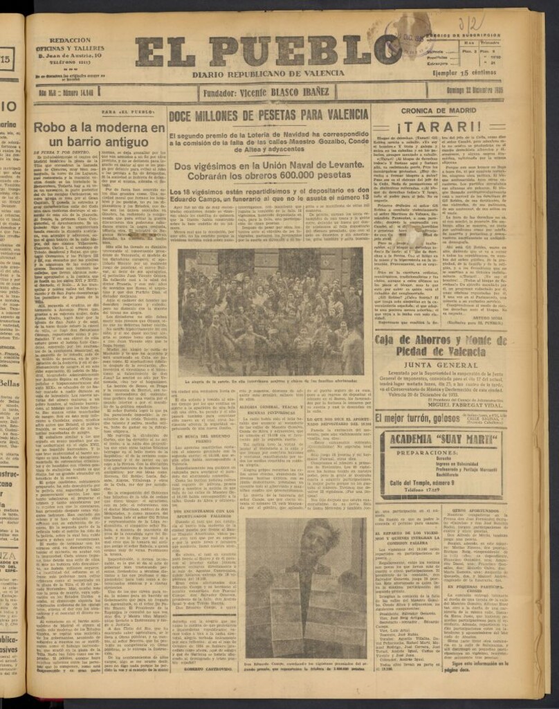 Miniatura de El Pueblo : Diario republicano de Valencia del 22 de diciembre de 1935, nº 14.840
