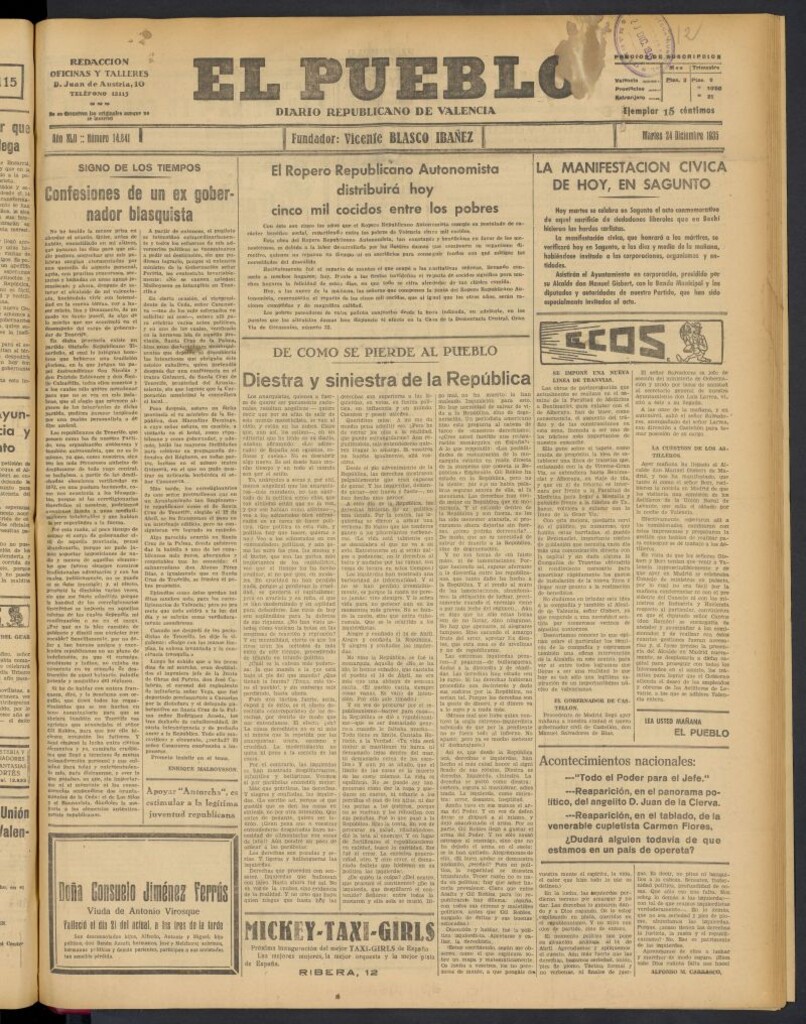 Miniatura de El Pueblo : Diario republicano de Valencia del 24 de diciembre de 1935, nº 14.841