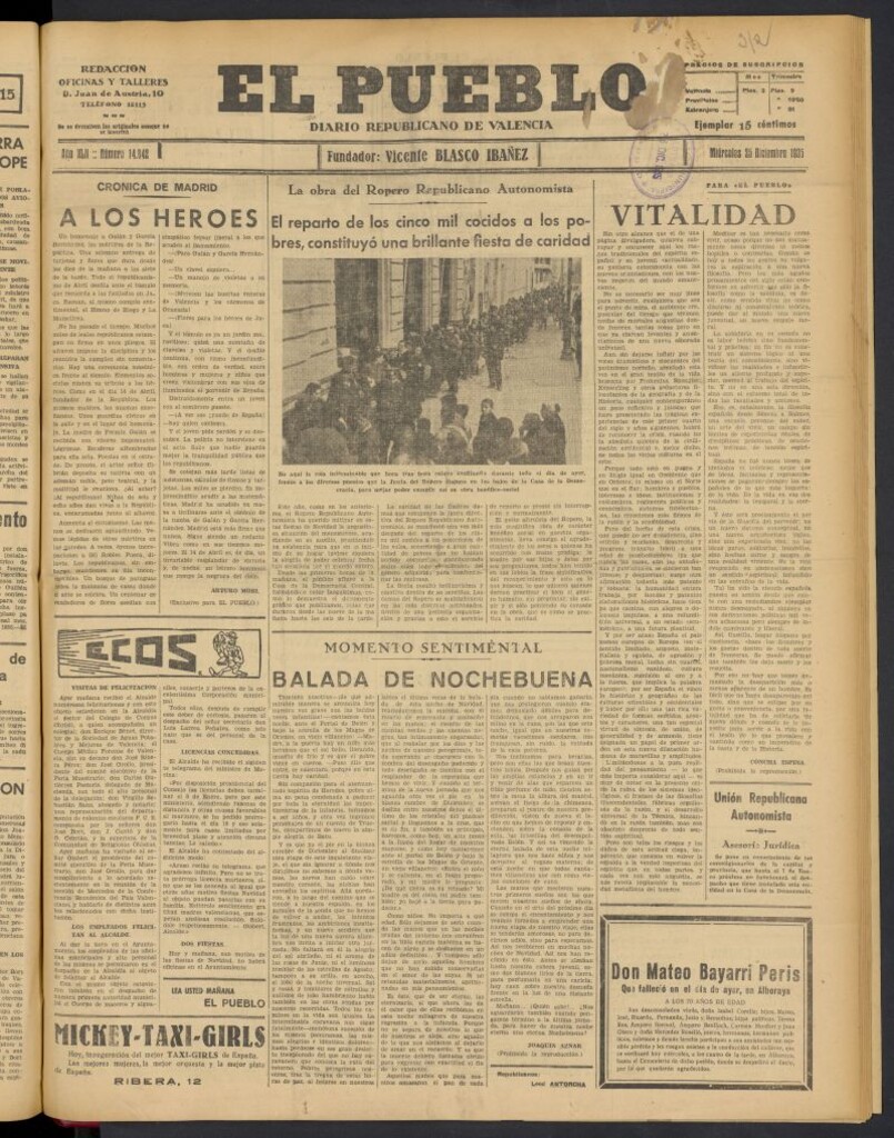 Miniatura de El Pueblo : Diario republicano de Valencia del 25 de diciembre de 1935, nº 14.842