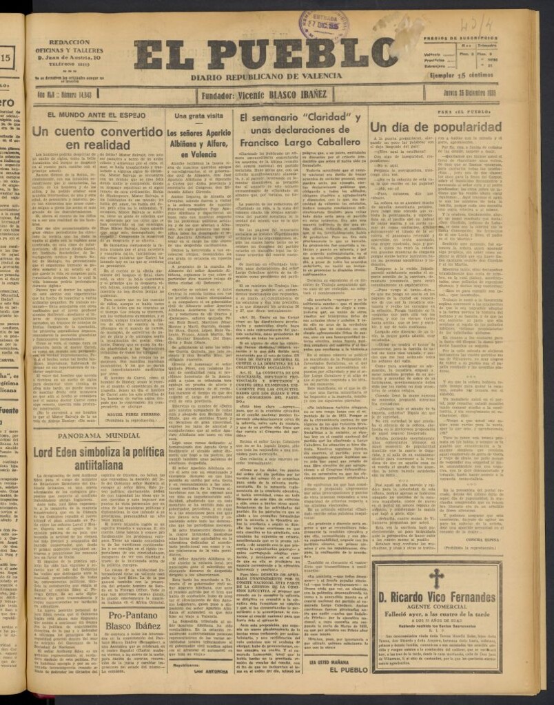 Miniatura de El Pueblo : Diario republicano de Valencia del 26 de diciembre de 1935, nº 14.843