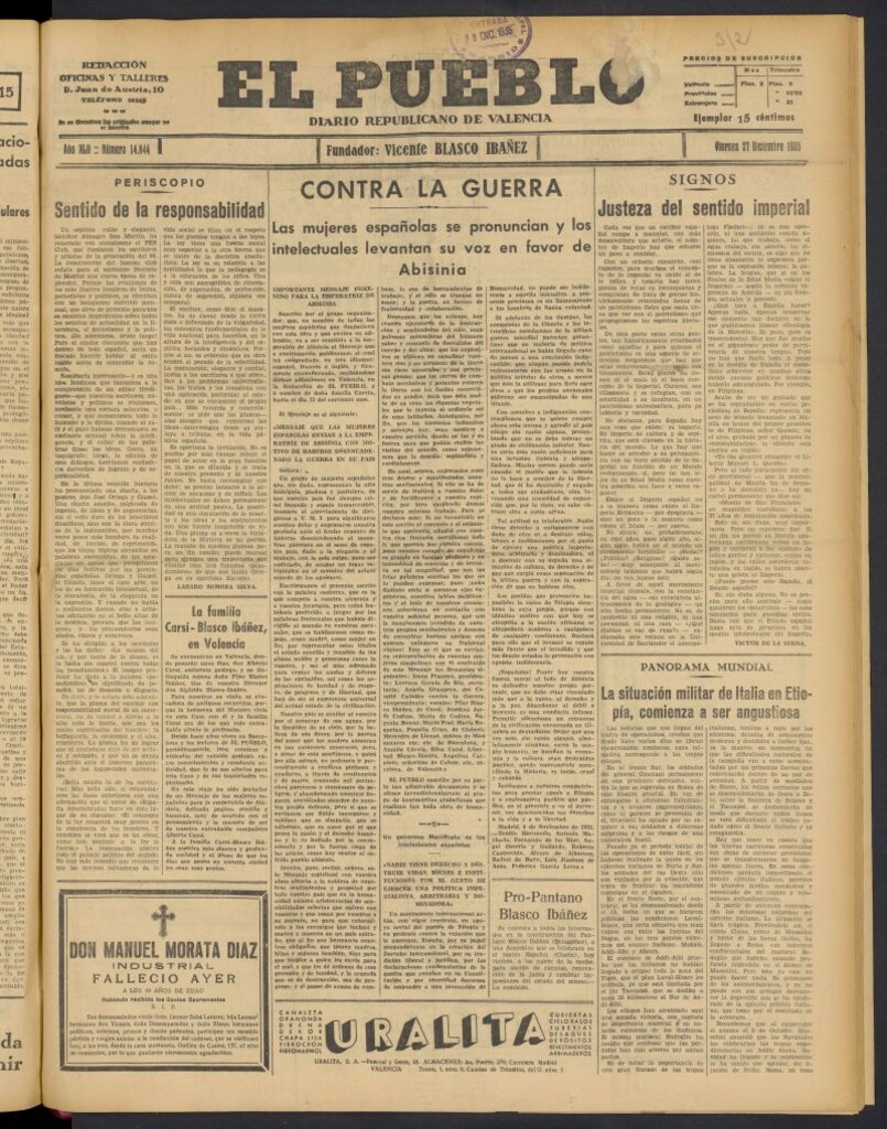 Miniatura de El Pueblo : Diario republicano de Valencia del 27 de diciembre de 1935, nº 14.844