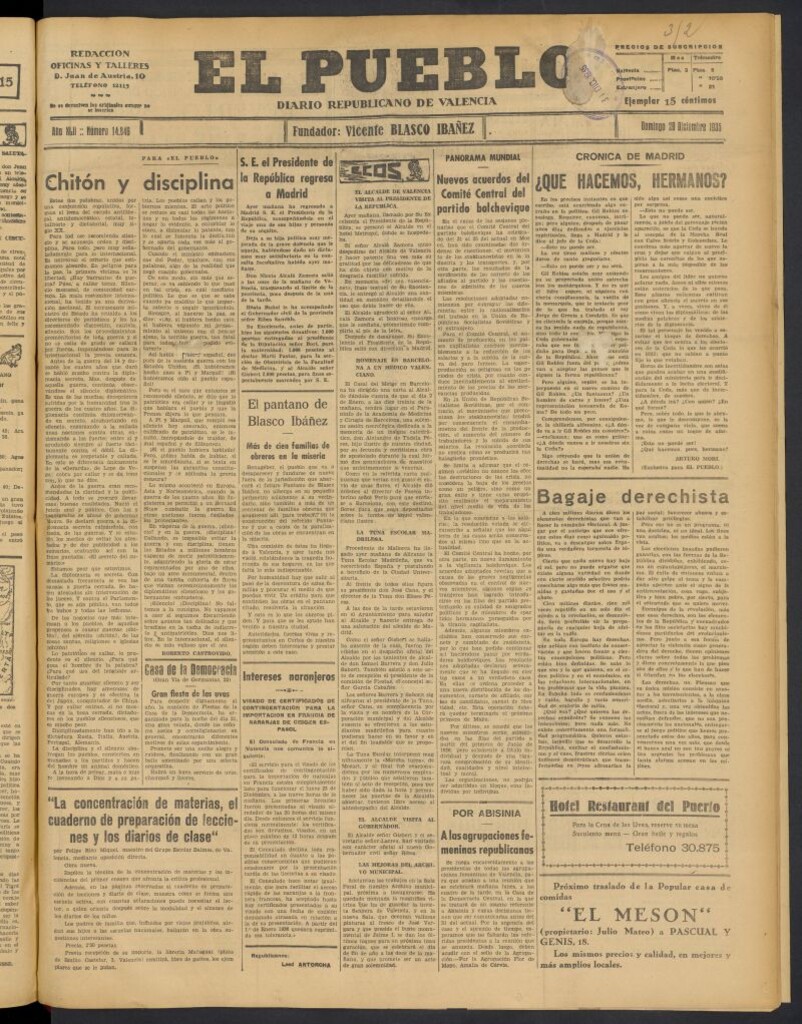 Miniatura de El Pueblo : Diario republicano de Valencia del 29 de diciembre de 1935, nº 14.846