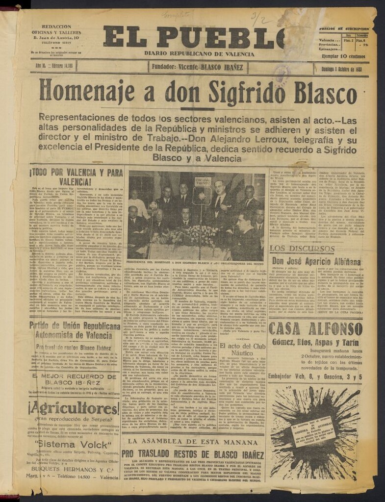 Miniatura de El Pueblo : Diario republicano de Valencia  del 1 de octubre de 1933, nº 14.188
