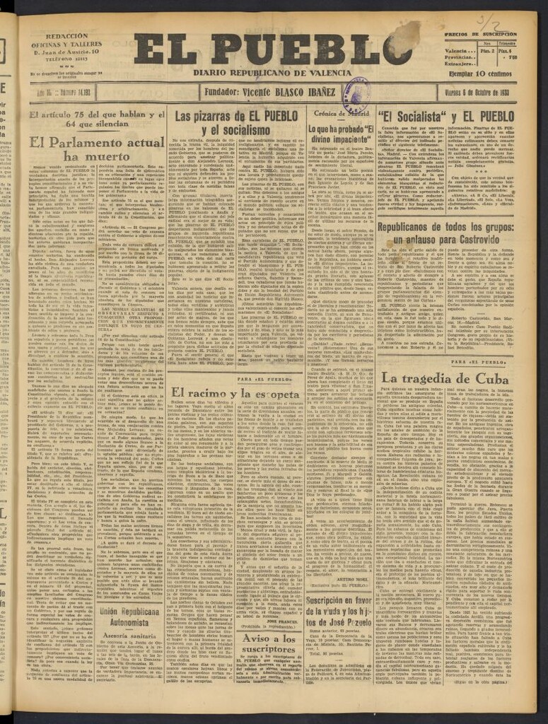 Miniatura de El Pueblo : Diario republicano de Valencia  del 6 de octubre de 1933, nº 14.192