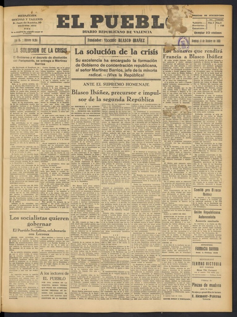 Miniatura de El Pueblo : Diario republicano de Valencia  del 8 de octubre de 1933, nº 14.194
