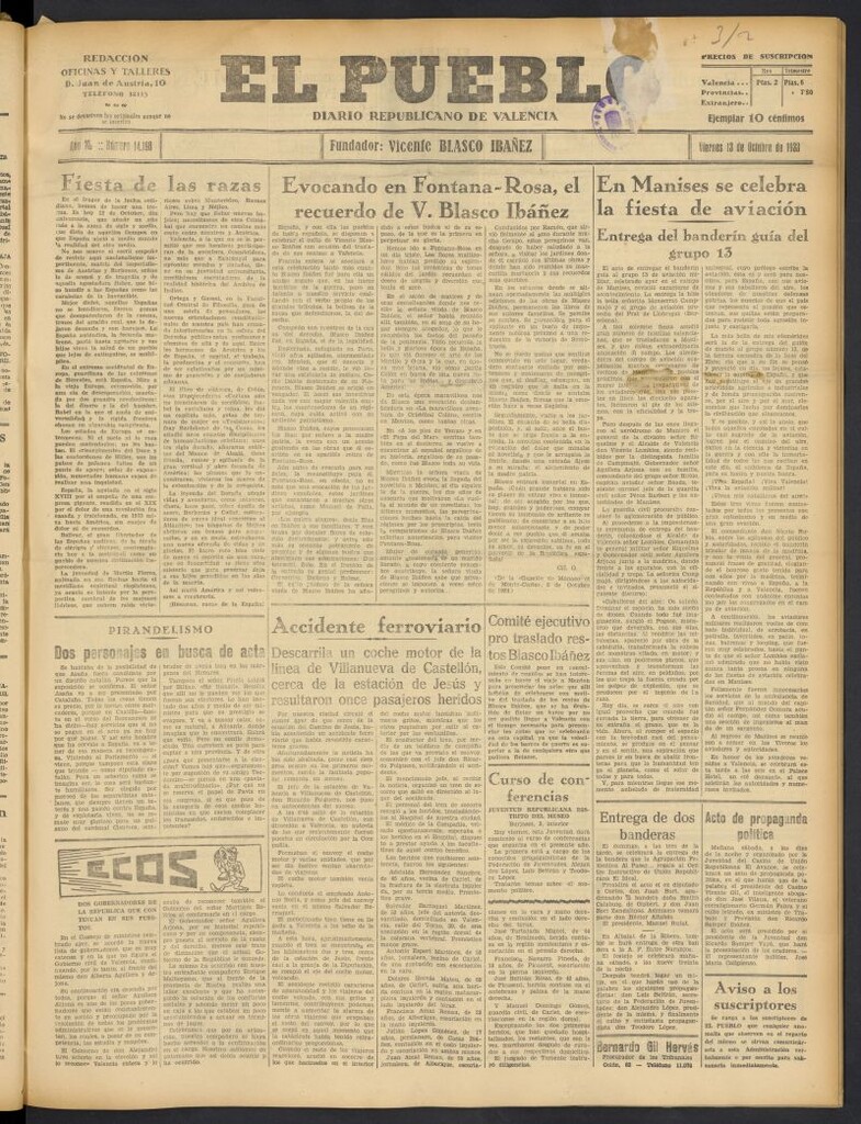 Miniatura de El Pueblo : Diario republicano de Valencia  del 13 de octubre de 1933, nº 14.198