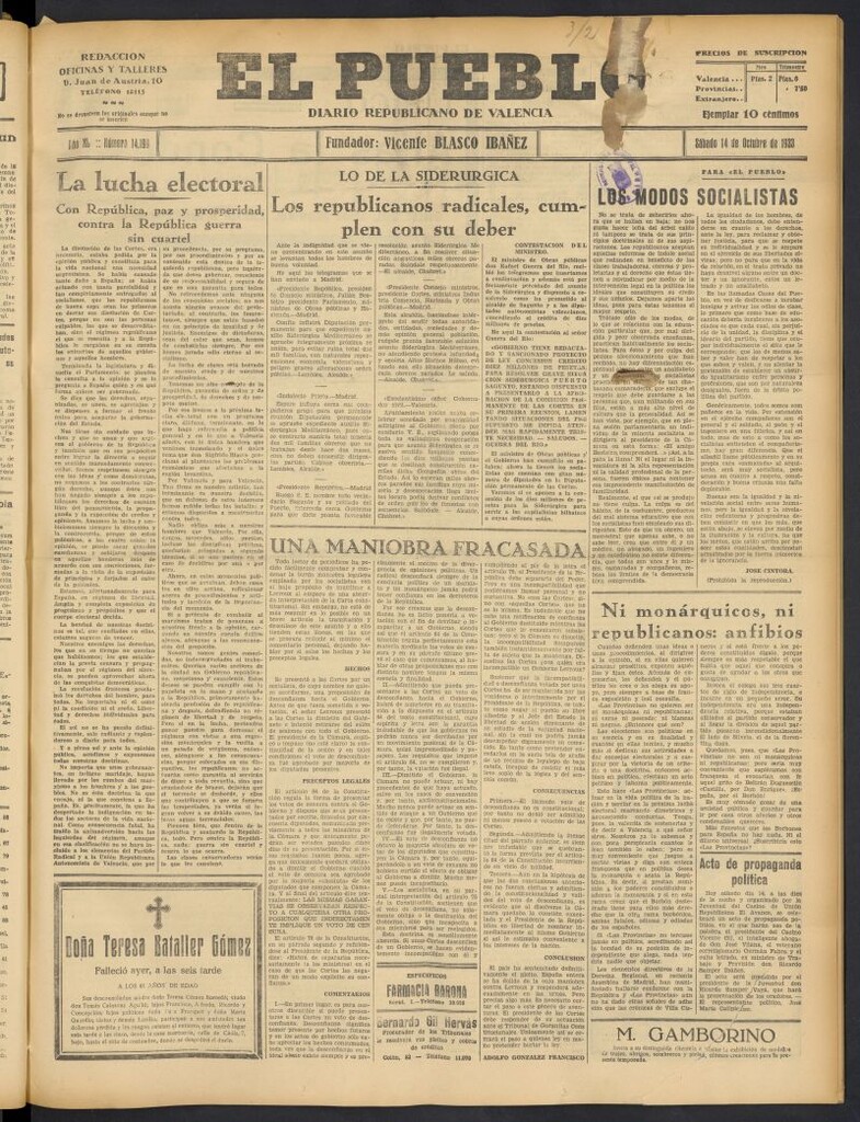 Miniatura de El Pueblo : Diario republicano de Valencia  del 14 de octubre de 1933, nº 14.199