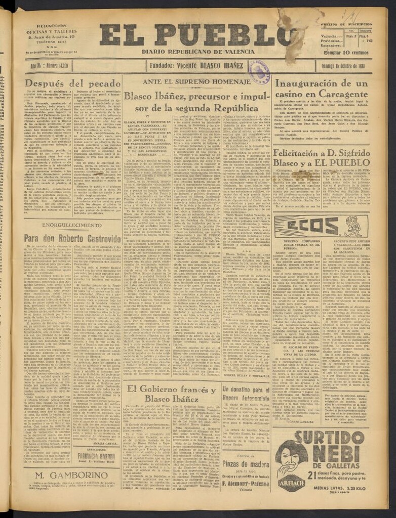 Miniatura de El Pueblo : Diario republicano de Valencia  del 15 de octubre de 1933, nº 14.200