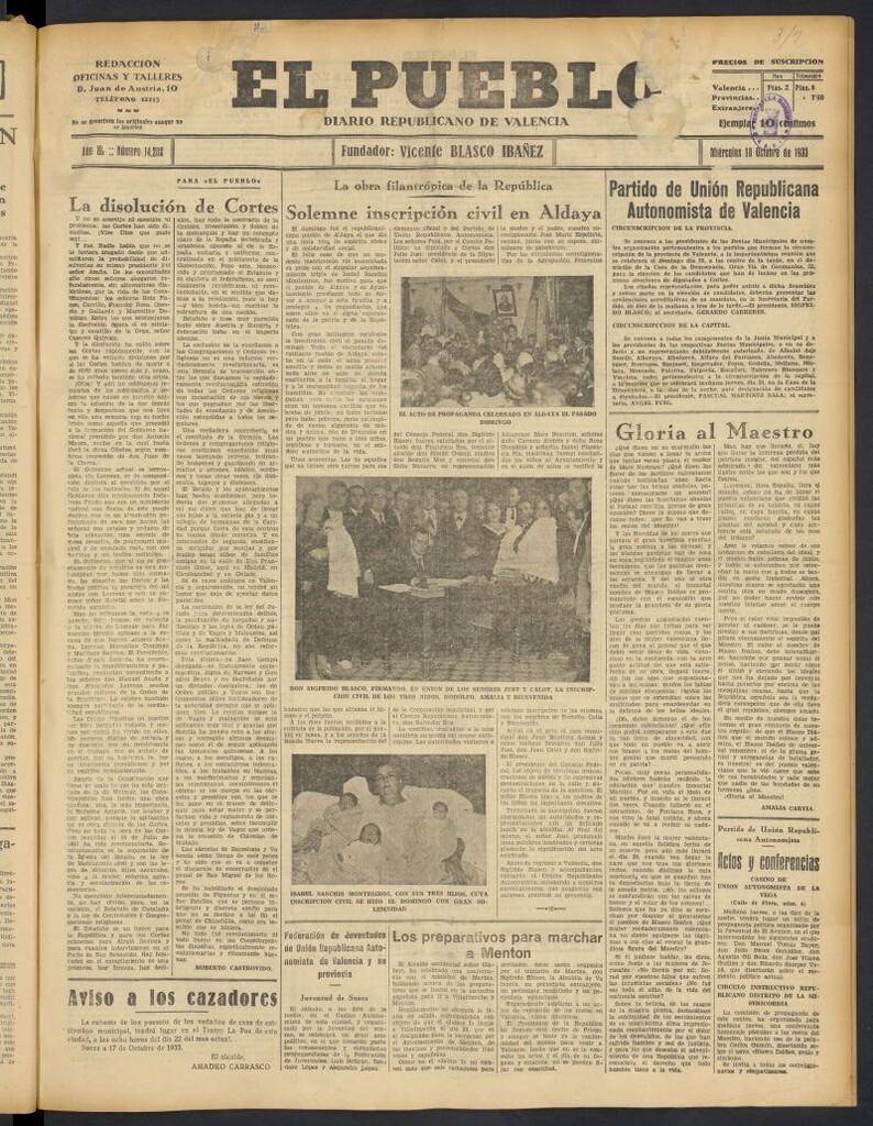 Miniatura de El Pueblo : Diario republicano de Valencia  del 18 de octubre de 1933, nº 14.202