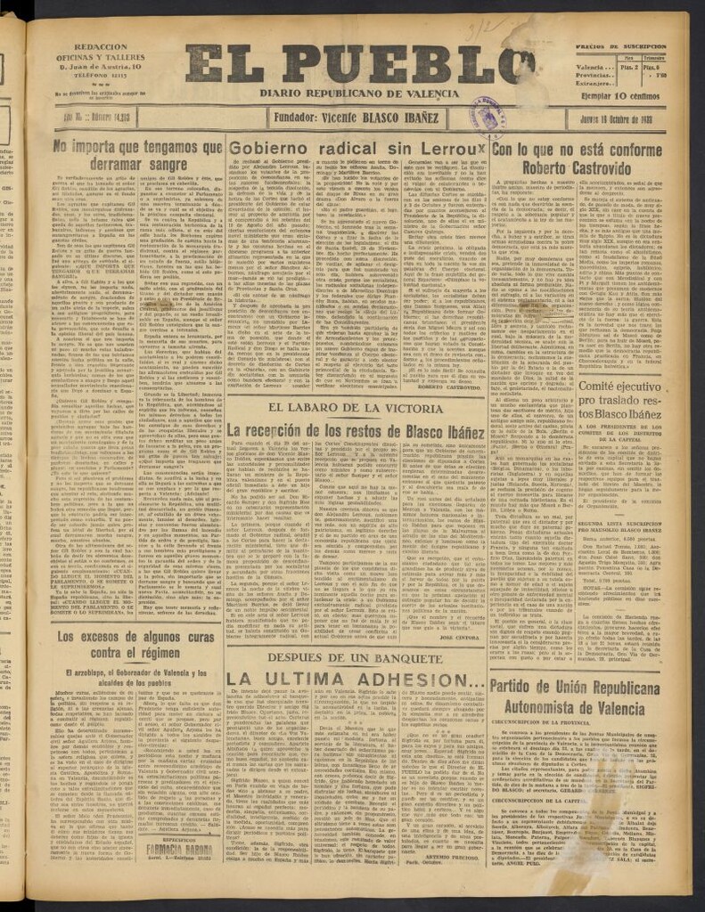 Miniatura de El Pueblo : Diario republicano de Valencia  del 19 de octubre de 1933, nº 14.203