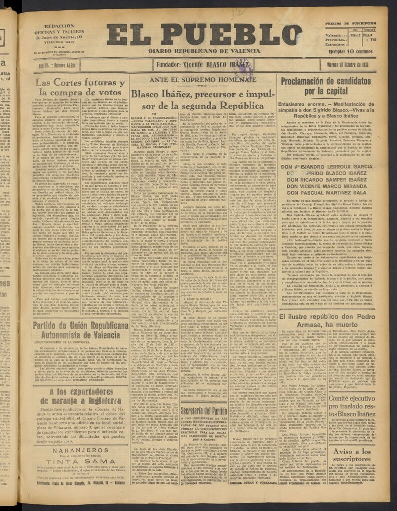 Miniatura de El Pueblo : Diario republicano de Valencia  del 20 de octubre de 1933, nº 14.204