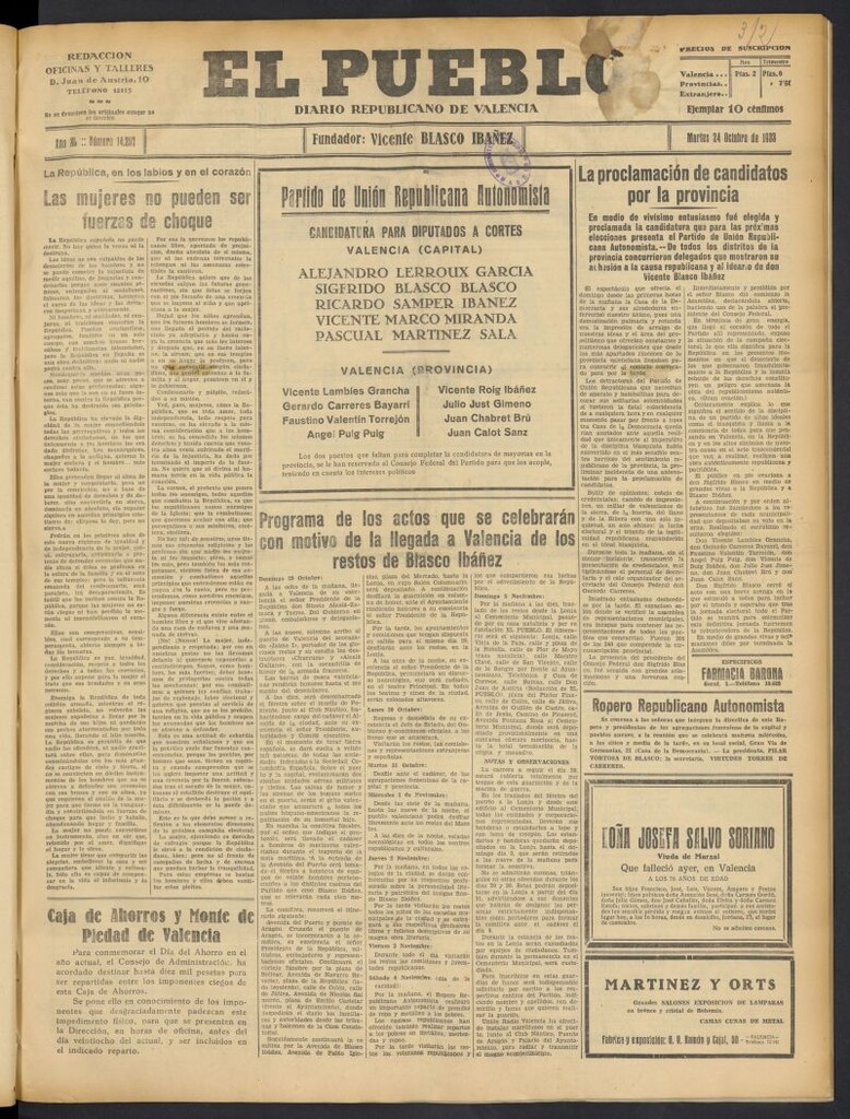 Miniatura de El Pueblo : Diario republicano de Valencia  del 24 de octubre de 1933, nº 14.207