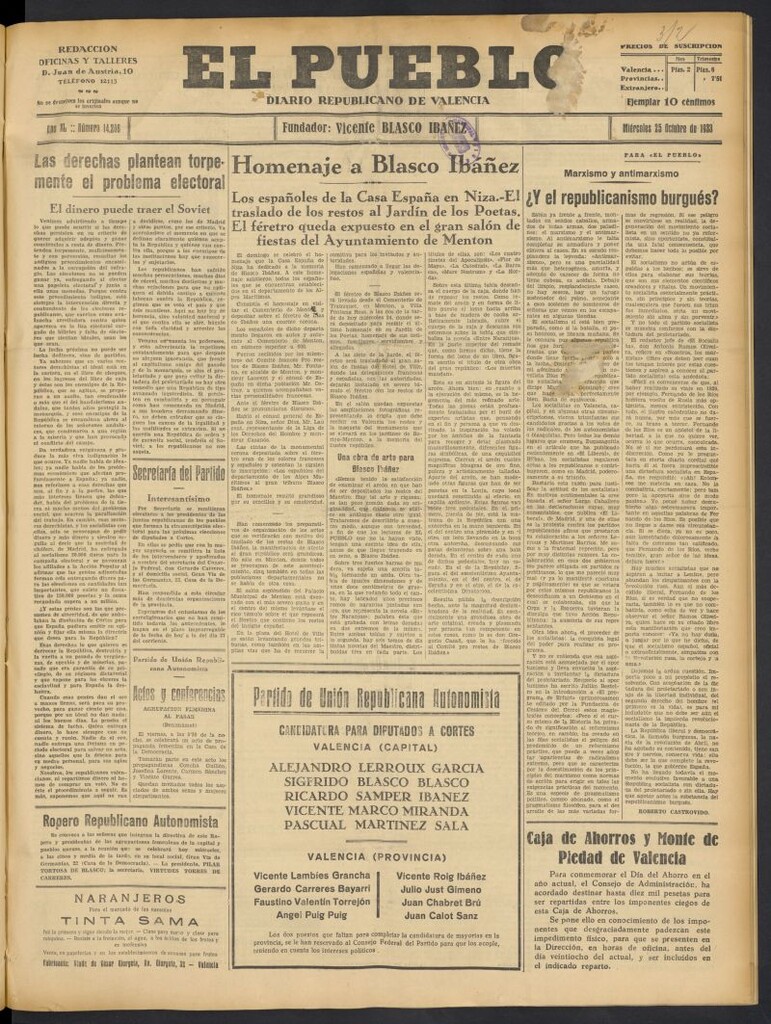 Miniatura de El Pueblo : Diario republicano de Valencia  del 25 de octubre de 1933, nº 14.208