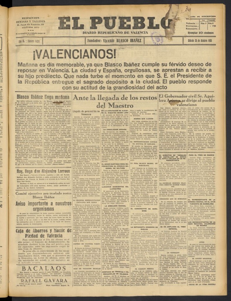 Miniatura de El Pueblo : Diario republicano de Valencia  del 28 de octubre de 1933, nº 14.211