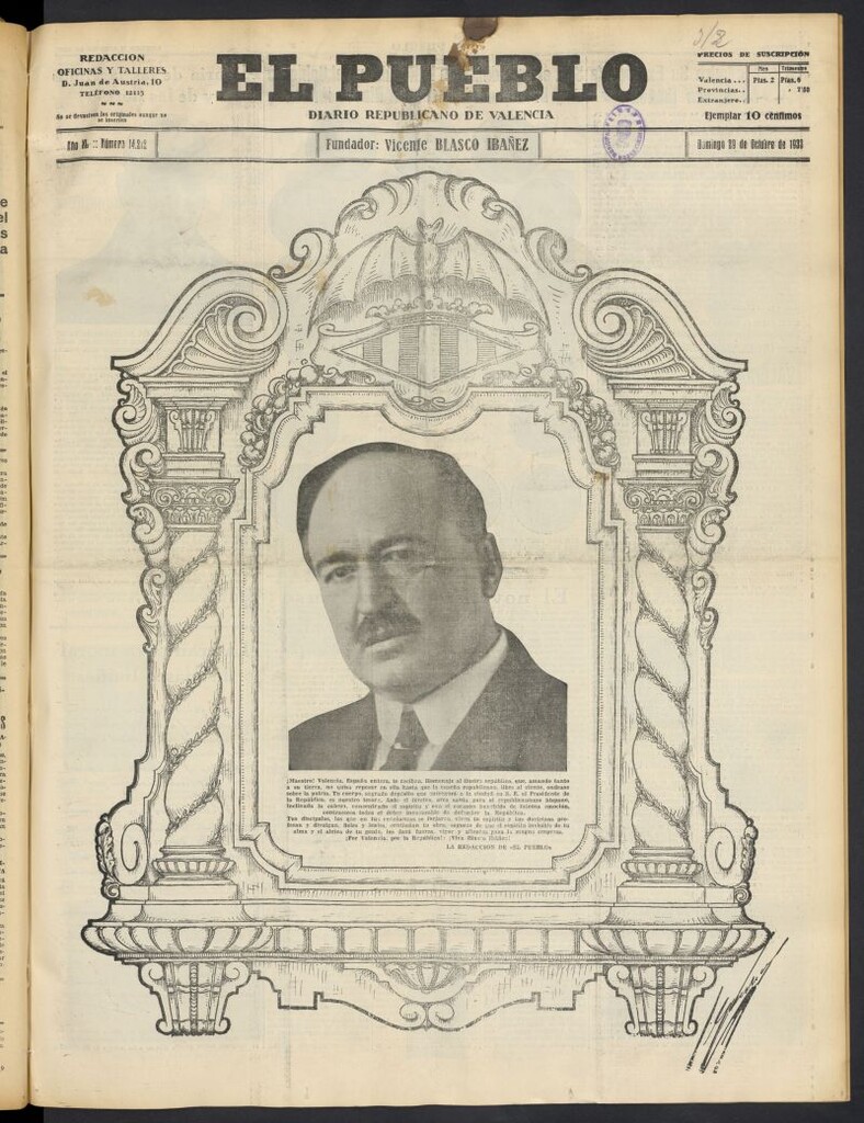 Miniatura de El Pueblo : Diario republicano de Valencia  del 29 de octubre de 1933, nº 14.212