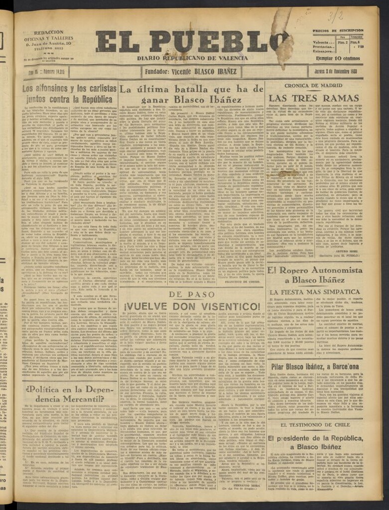 Miniatura de El Pueblo : Diario republicano de Valencia  del 2 de noviembre de 1933, nº 14.215