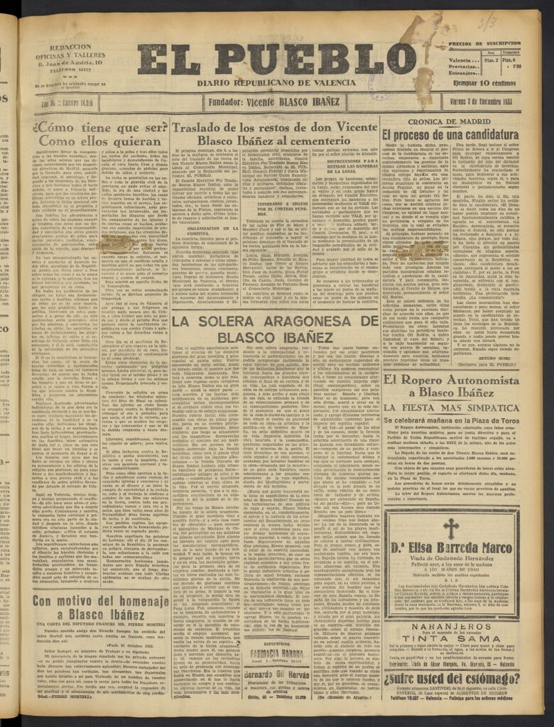 Miniatura de El Pueblo : Diario republicano de Valencia  del 3 de noviembre de 1933, nº 14.216