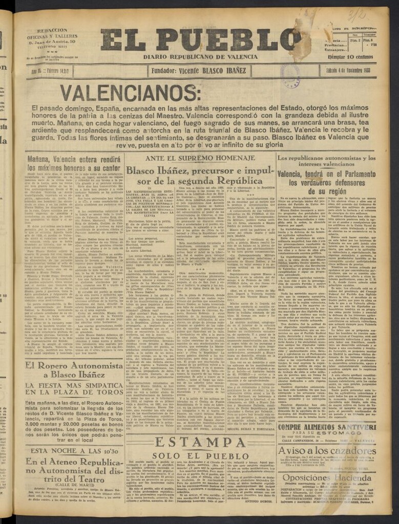 Miniatura de El Pueblo : Diario republicano de Valencia  del 4 de noviembre de 1933, nº 14.217