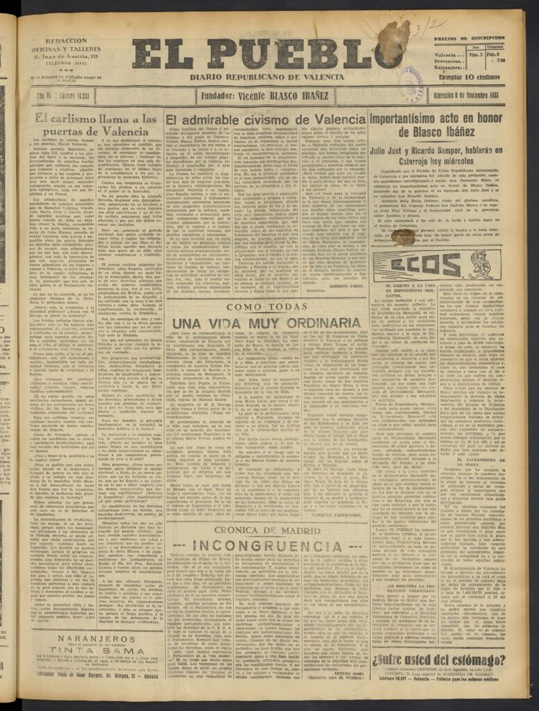 Miniatura de El Pueblo : Diario republicano de Valencia  del 8 de noviembre de 1933, nº 14.220