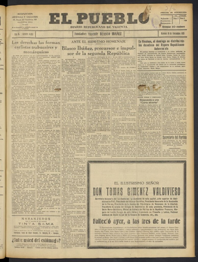 Miniatura de El Pueblo : Diario republicano de Valencia  del 9 de noviembre de 1933, nº 14.221