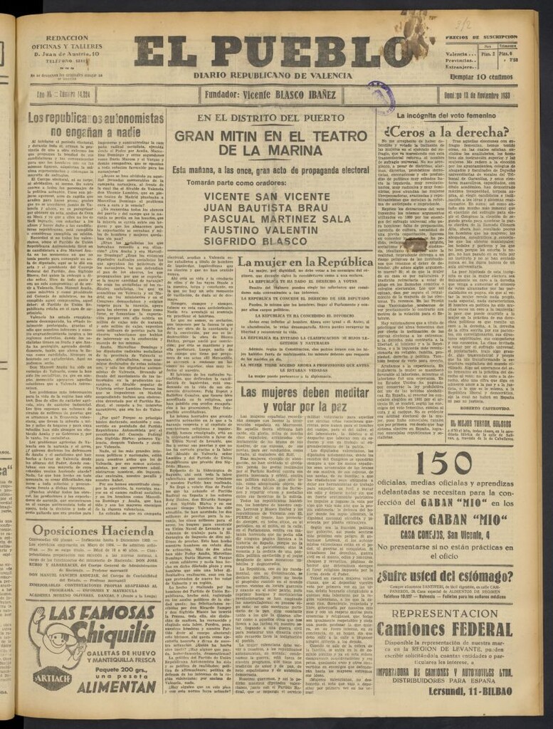 Miniatura de El Pueblo : Diario republicano de Valencia  del 12 de noviembre de 1933, nº 14.224