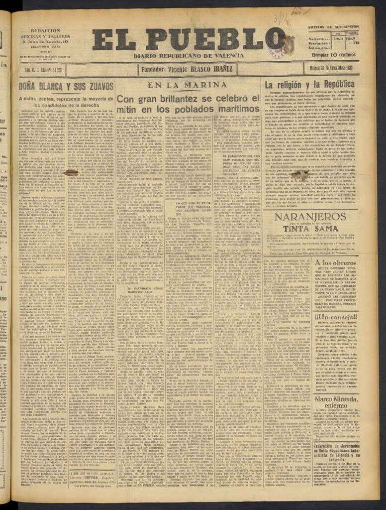 Miniatura de El Pueblo : Diario republicano de Valencia  del 15 de noviembre de 1933, nº 14.226