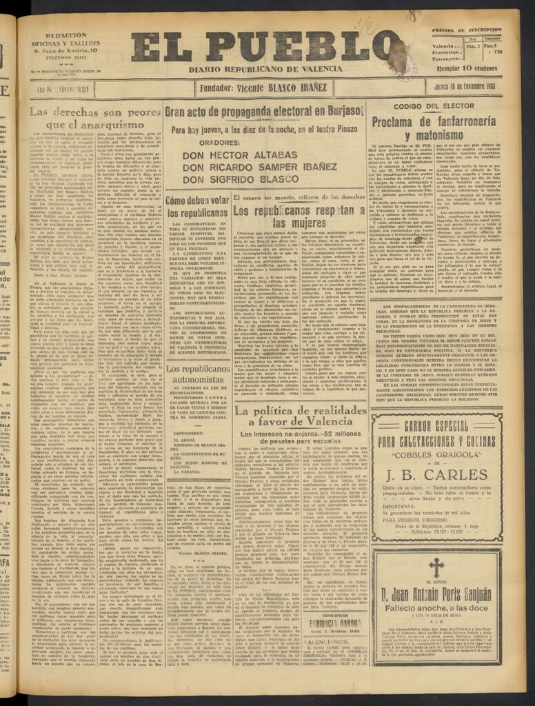 Miniatura de El Pueblo : Diario republicano de Valencia  del 16 de noviembre de 1933, nº 14.227