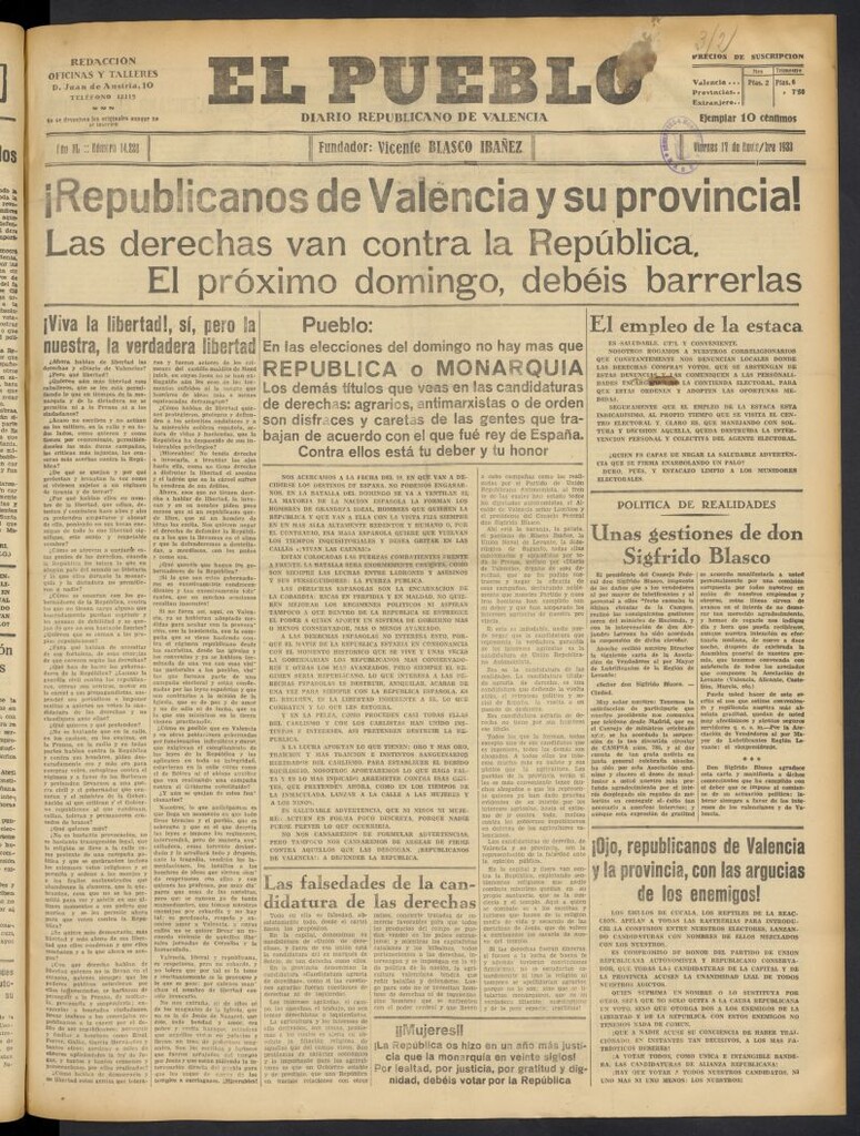 Miniatura de El Pueblo : Diario republicano de Valencia  del 17 de noviembre de 1933, nº 14.228