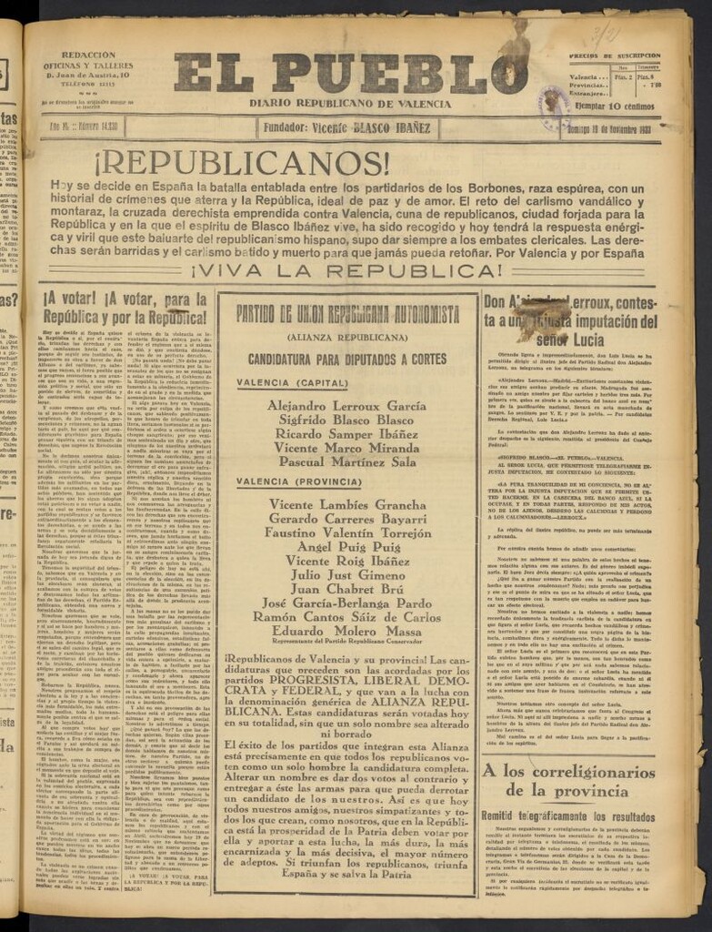 Miniatura de El Pueblo : Diario republicano de Valencia  del 19 de noviembre de 1933, nº 14.230