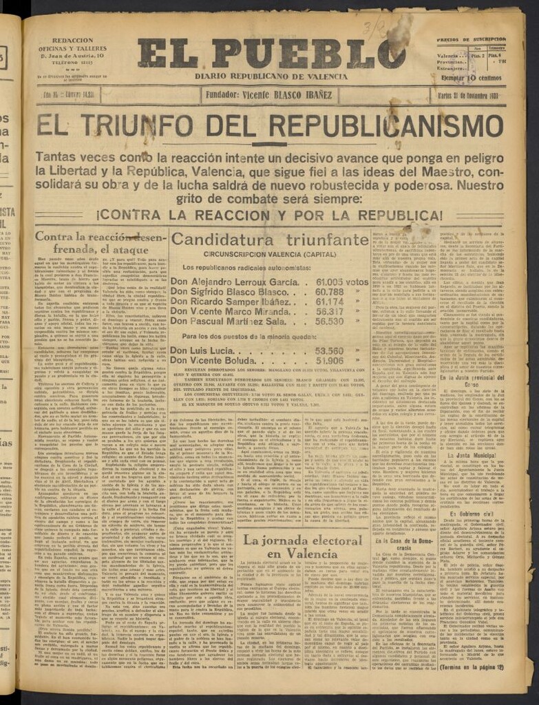 Miniatura de El Pueblo : Diario republicano de Valencia  del 21 de noviembre de 1933, nº 14.231