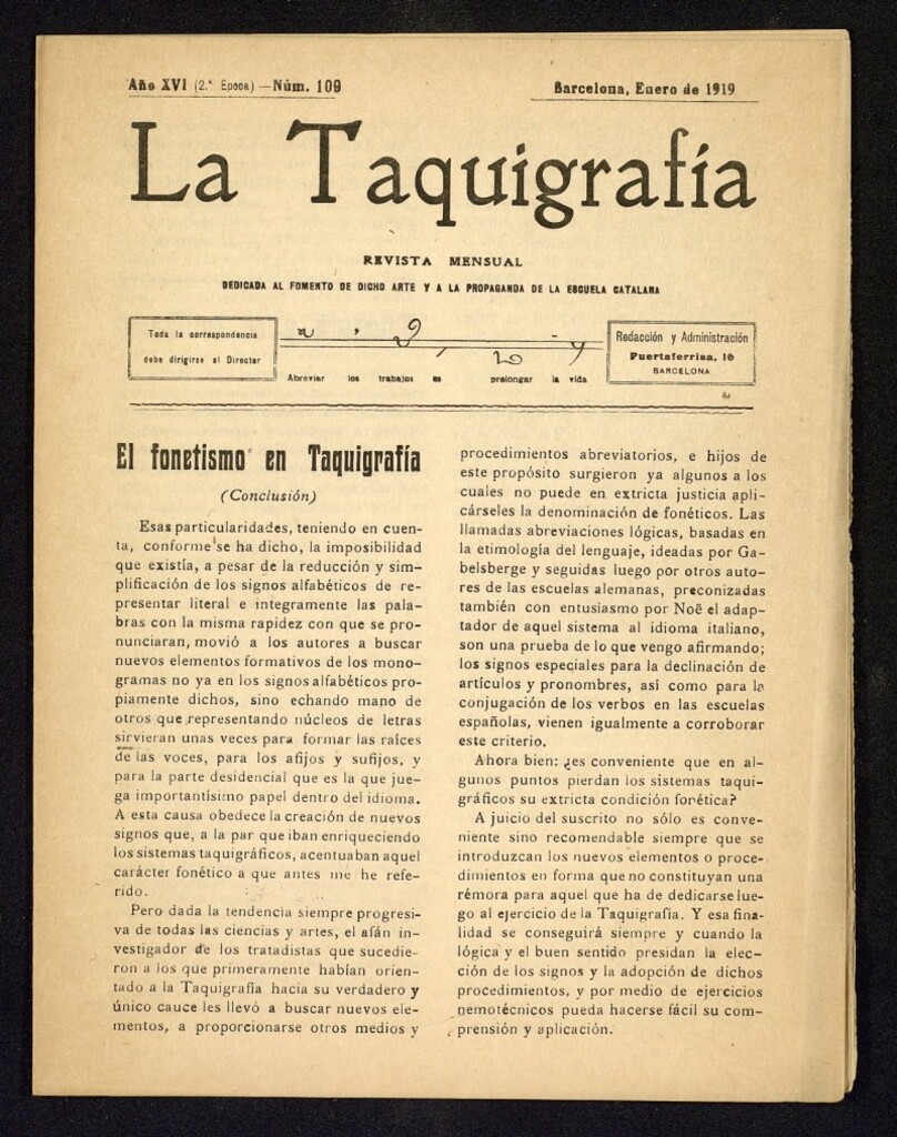 Miniatura de La Taquigrafía. Enero de 1919, nº 109