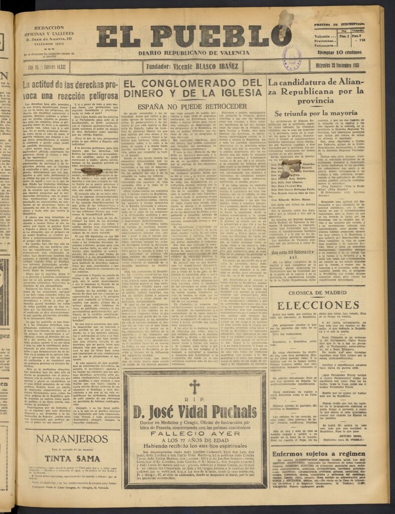Miniatura de El Pueblo : Diario republicano de Valencia  del 22 de noviembre de 1933, nº 14.232