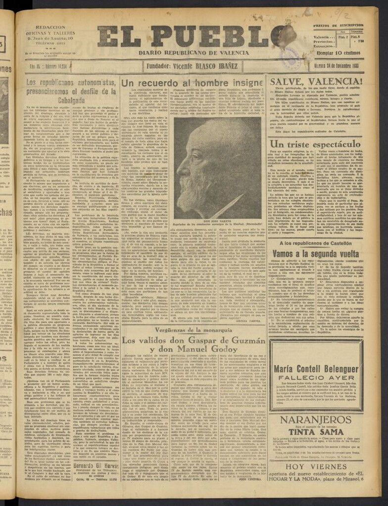 Miniatura de El Pueblo : Diario republicano de Valencia  del 24 de noviembre de 1933, nº 14.234
