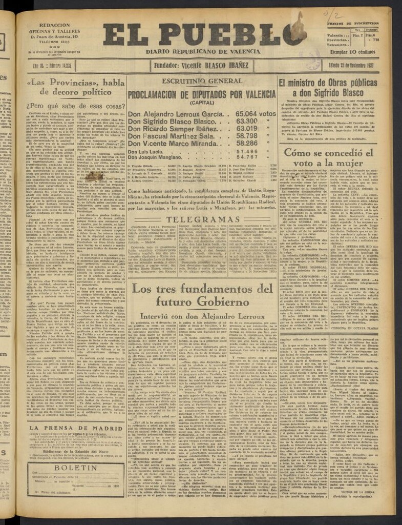 Miniatura de El Pueblo : Diario republicano de Valencia  del 25 de noviembre de 1933, nº 14.235