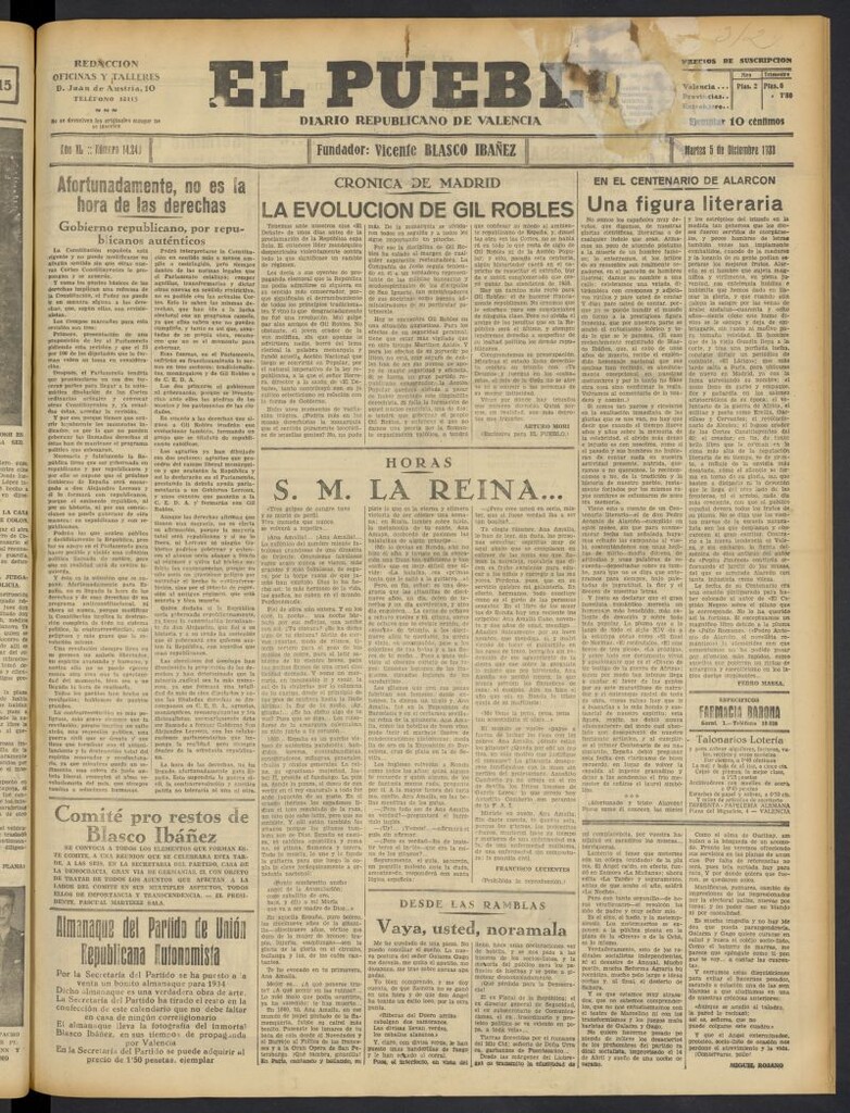 Miniatura de El Pueblo : Diario republicano de Valencia  del 5 de diciembre de 1933, nº 14.243