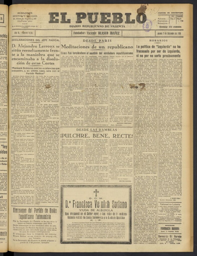 Miniatura de El Pueblo : Diario republicano de Valencia  del 7 de diciembre de 1933, nº 14.245