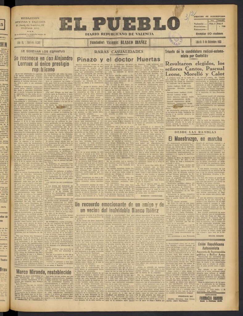 Miniatura de El Pueblo : Diario republicano de Valencia  del 9 de diciembre de 1933, nº 14.247