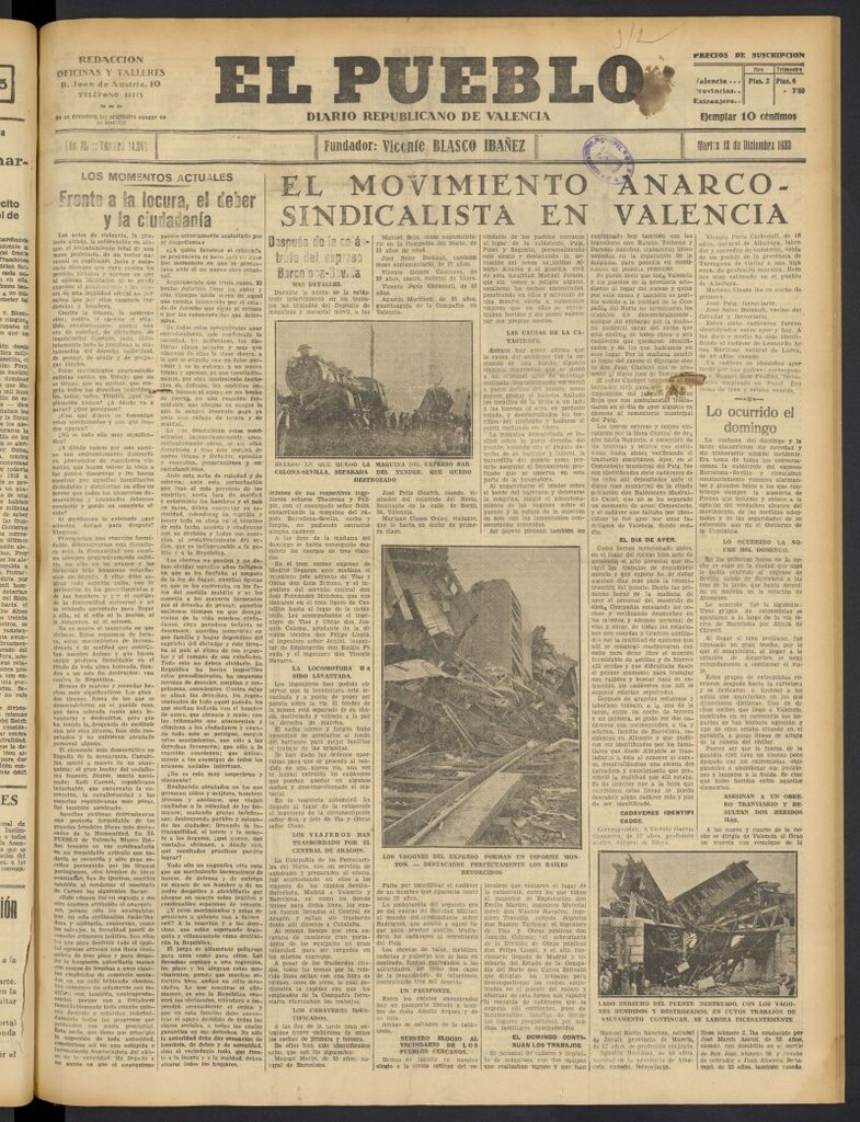 Miniatura de El Pueblo : Diario republicano de Valencia  del 12 de diciembre de 1933, nº 14.249