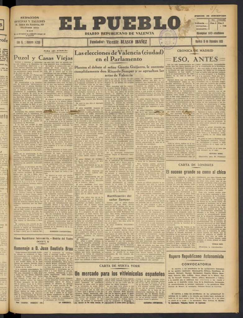 Miniatura de El Pueblo : Diario republicano de Valencia  del 15 de diciembre de 1933, nº 14.252