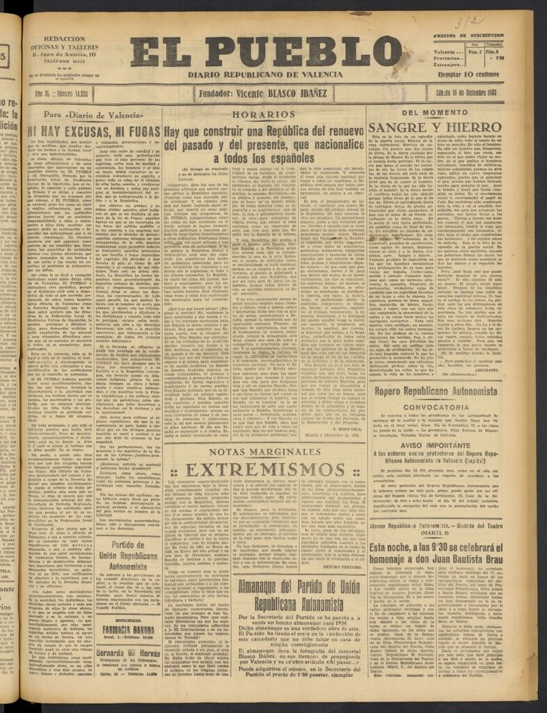 Miniatura de El Pueblo : Diario republicano de Valencia  del 16 de diciembre de 1933, nº 14.253
