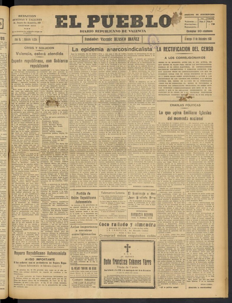 Miniatura de El Pueblo : Diario republicano de Valencia  del 17 de diciembre de 1933, nº 14.254