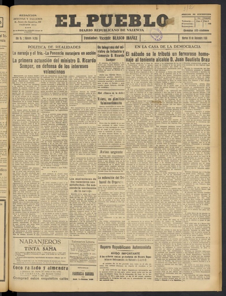 Miniatura de El Pueblo : Diario republicano de Valencia  del 19 de diciembre de 1933, nº 14.255