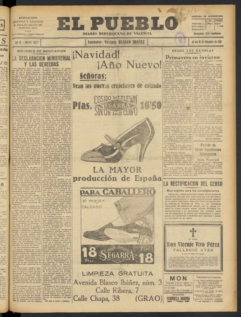 Miniatura de El Pueblo : Diario republicano de Valencia  del 21 de diciembre de 1933, nº 14.257
